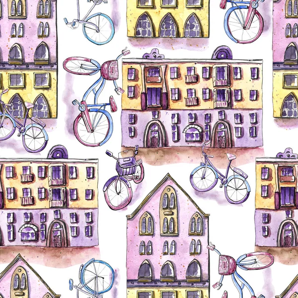 watercolor houses with bicycles