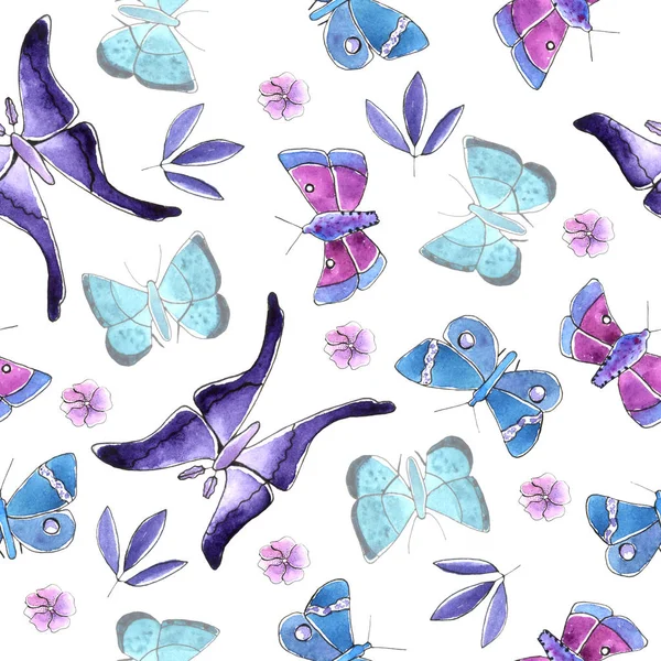 Blue and purple butterflies and leaves — Stock Photo, Image