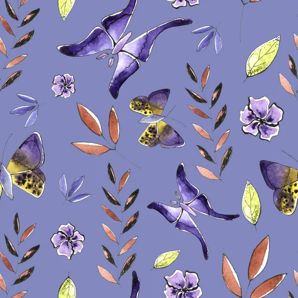 Pattern with watercolor butterflies and leaves — Stock Photo, Image