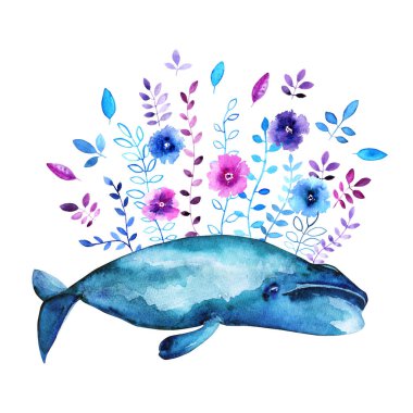 watercolor whale with flowers clipart