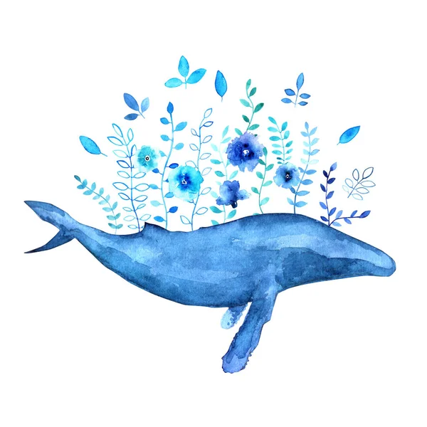 Watercolor whale with flowers — Stock Photo, Image