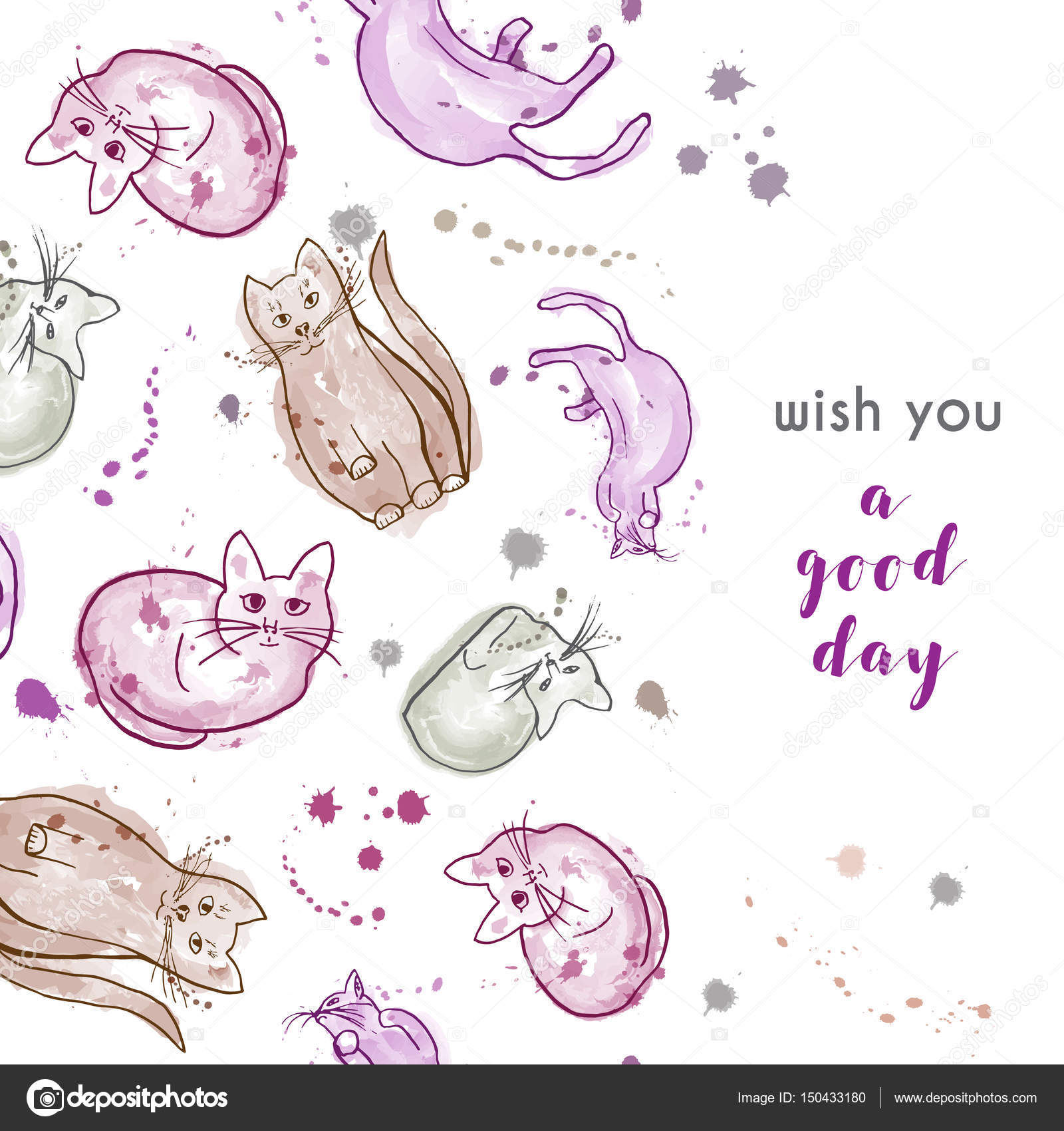 Disegno di illustrazione vettoriale della cartolina d auguri con i gatti i colori tenui con macchie — Vettoriali di zzorna