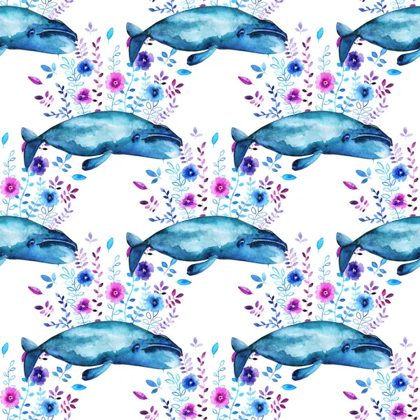 花の水彩画のクジラ — ストック写真