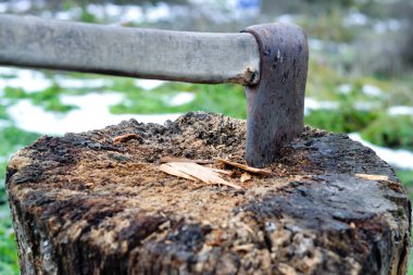 Ağaç kesmek için el yapımı balta koleksiyonu. farklı ışık ve gölge oyunları görebilirsiniz, renkler ve dokular.