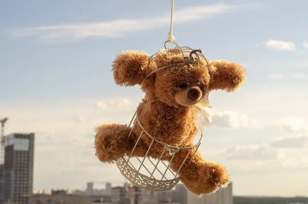 Медведь Тедди Клетке Против Неба — стоковое фото