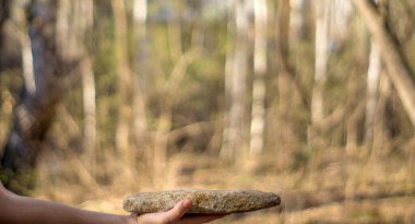 Bir adam elinde bir taş tutar, doğanın bulanık arka planında.