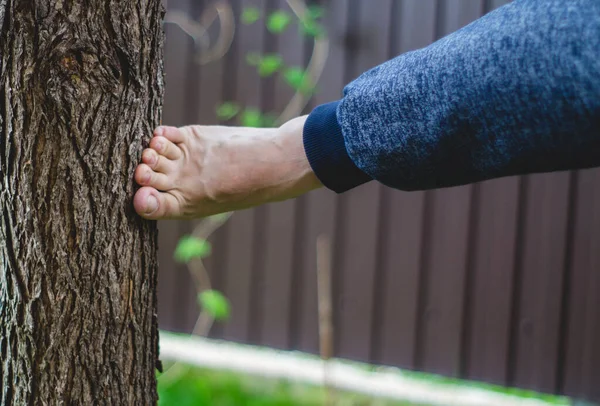 Kicking Bare Foot Tree Bark — Stock Photo, Image