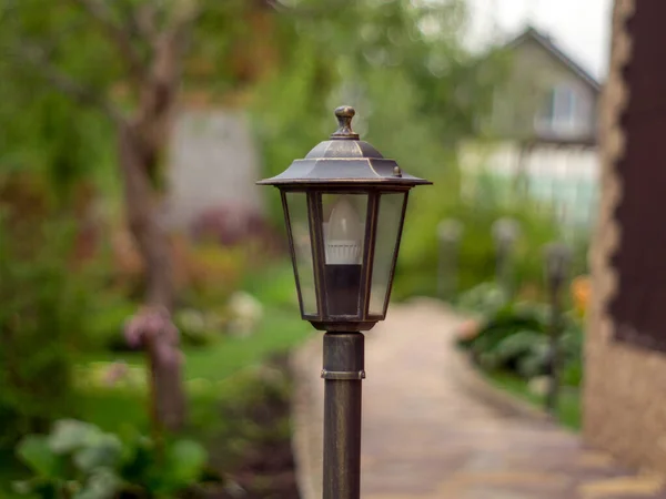 Lampada Giardino Sullo Sfondo Erba Alberi — Foto Stock
