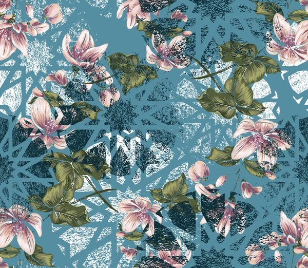 Flower Islamic Grunge Motif Blue Background Seamless Pattern — Stock Photo, Image
