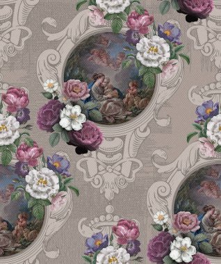 Menekşe buket ve klasik çerçevesiz desen