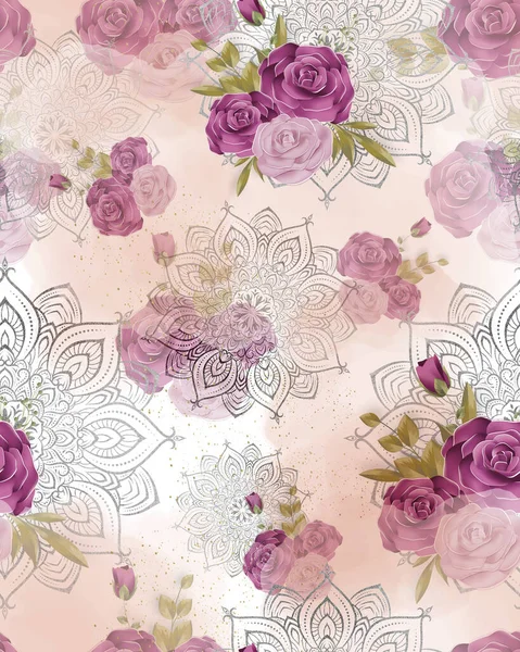 Purple Pink Roses Gray Detailes Seamless Pattern — Stock Photo, Image