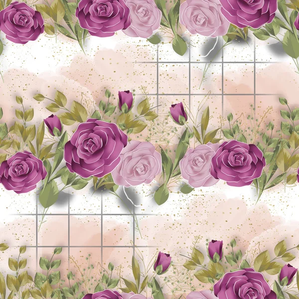 Fioletowe Różowe Róże Szarymi Detailes Bezszwowy Wzór — Zdjęcie stockowe