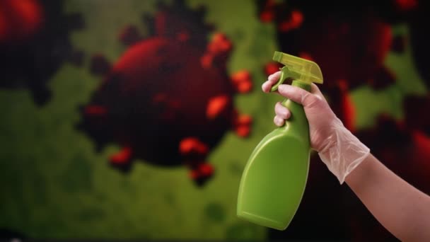 Tangan dengan sarung tangan pelindung penyemprot disinfektan. Deep cleaning, covid-19 menyebar — Stok Video
