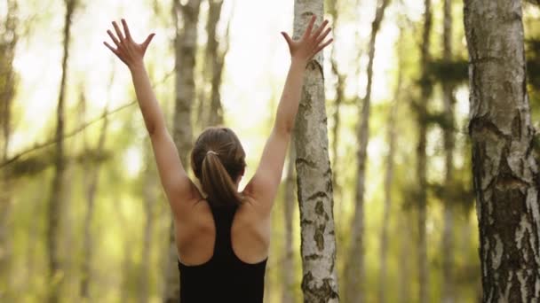Junge Sportlerin streckt in der Natur die Hände aus. Bewegung im Wald, ein gesunder Lebensstil — Stockvideo