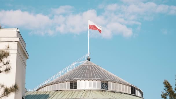 Varsóvia, Polónia, 05.07.2020. - Sejm da República da Polónia. Edifício do Parlamento com bandeira polaca agitando no vento. protesto dos empresários — Vídeo de Stock