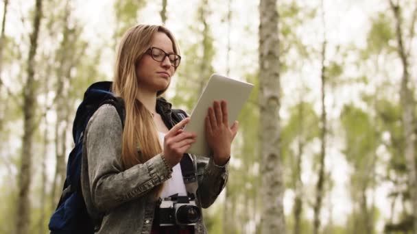 Mujer joven, viajero usando tableta para navegar por el bosque — Vídeo de stock