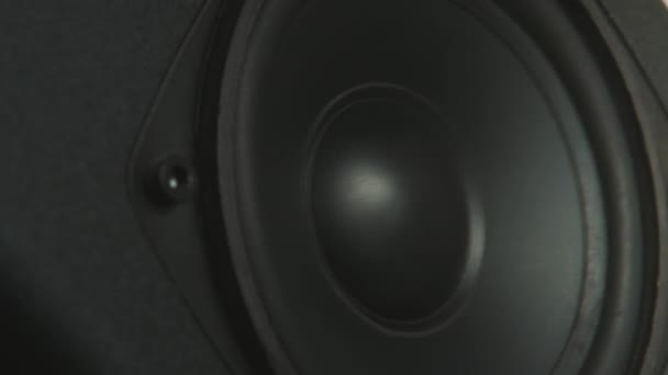 Close up at moving sub-woofer. Speaker part. Black membrane. Sound waves — Stock Video