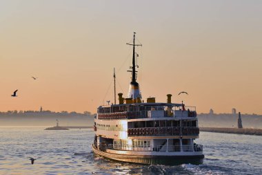 Gün batımında Boğazdan geçen bir feribot. Etrafta martılar uçuşuyor. İstanbul, Türkiye