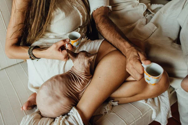 Couple with a Sphynx cat, drinking coffee sitting on the sofa at home. Stay home corona virus concept. Family and togetherness concept. Childfree concept