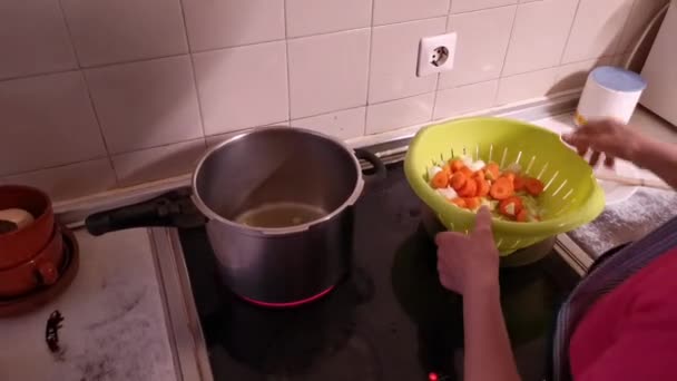 Anciana Llenando Olla Con Ingredientes Para Hacer Calabaza Pura — Vídeo de stock