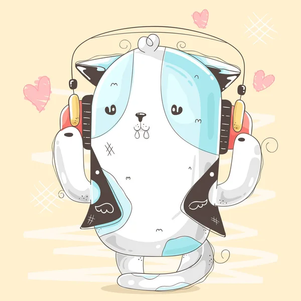 Cute Kotek Słuchanie Muzyki Słuchawek — Wektor stockowy