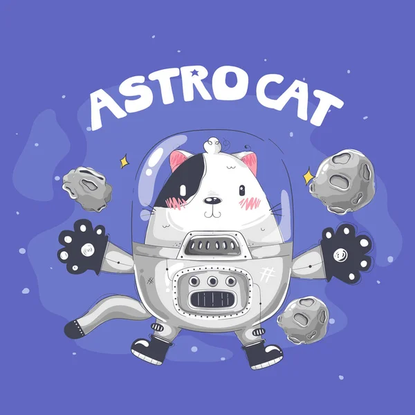 Kätzchen Verkleidet Als Astronaut Mit Weltraum Hintergrund — Stockvektor