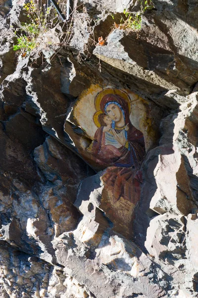 Pintura Rupestre Maria Virgem Jesus Perto Mosteiro Osgovo Antiga República — Fotografia de Stock