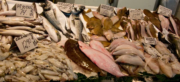 Pescado Mediteranneano Surtido Con Etiquetas Premio Puesto Mercado Pescadero Cádiz —  Fotos de Stock