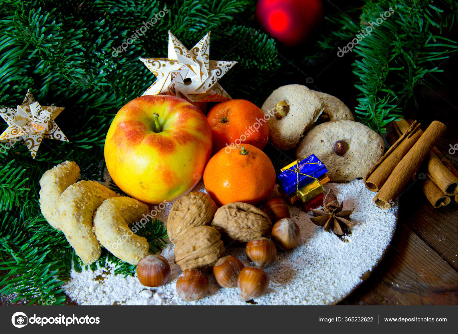 Traditional German Christmas Sweets Plate Fruits Nuts Aqnd Cookies