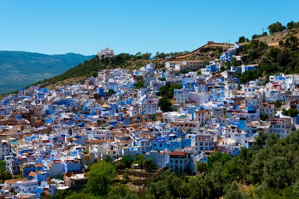 Cityscape Του Διάσημου Μπλε Πόλη Chefchaouen Στα Βουνά Rif Morocco Royalty Free Φωτογραφίες Αρχείου