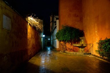 Geceleri dar sokaklar, tek bir fenerle aydınlatılmış, Sevilla, Endülüs, İspanya