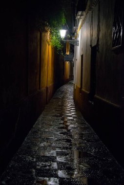 Geceleri dar sokaklar, tek bir fenerle aydınlatılmış, Sevilla, Endülüs, İspanya