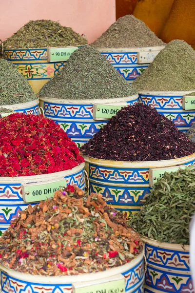 spices on market stall in morocco