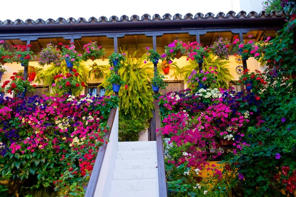 Tradiční Květinově Zdobené Nádvoří Cordoba Španělsko Trvání Festivalu Los Patios — Stock fotografie