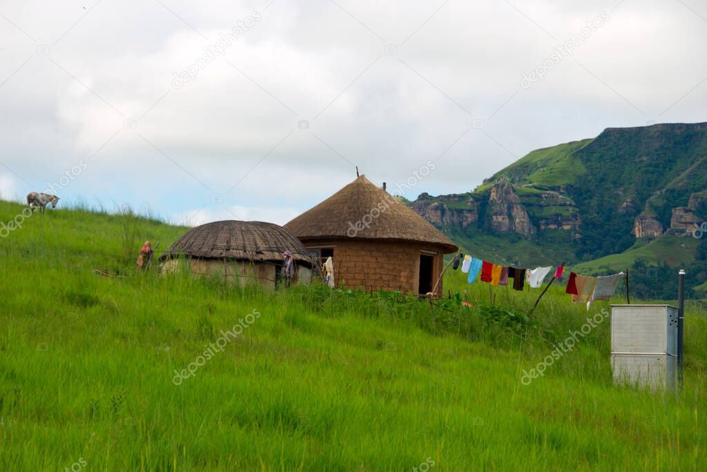 rural homestead with pit latrine in drakensberg mountains, kwazulu natal, south africa