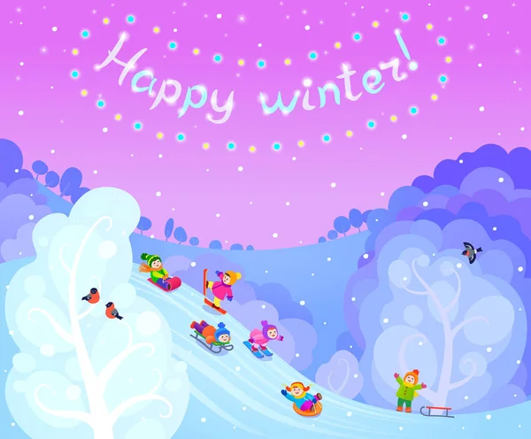 Children Ride Hill Winter Evening — Stock Vector