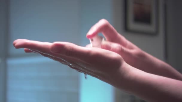 Hands disinfection in beautiful bathroom, saving water. — Stock Video