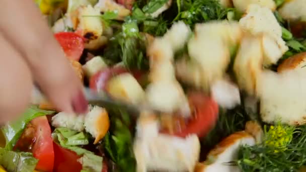 Mujer lanzando ensalada verde — Vídeo de stock