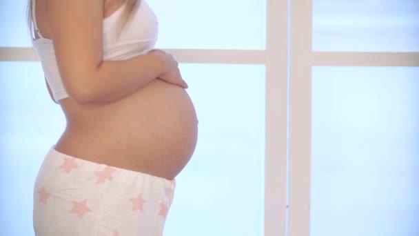 Беременная женщина ласкает живот об окно — стоковое видео