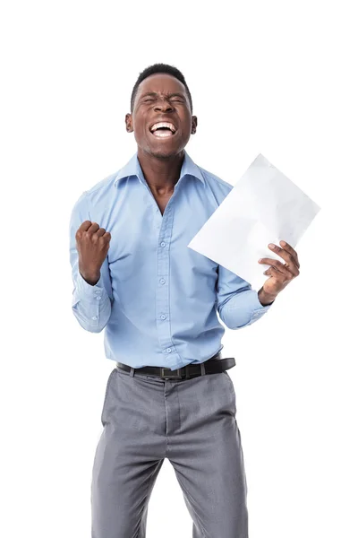 Empresário afro-americano gritando de felicidade — Fotografia de Stock