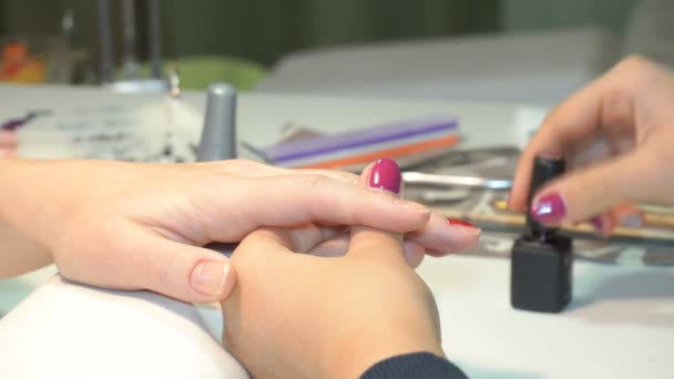 Esteticista aplicando uñas polacas a las mujeres uñas — Vídeo de stock