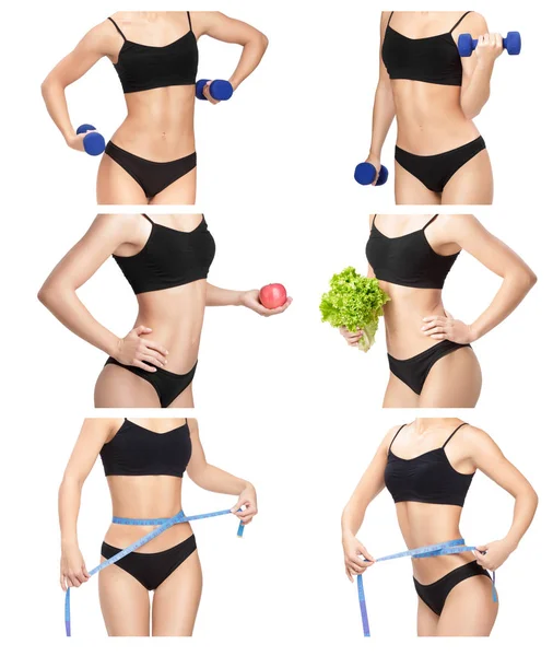 Mulher desportiva com halteres, fita métrica e Apple — Fotografia de Stock