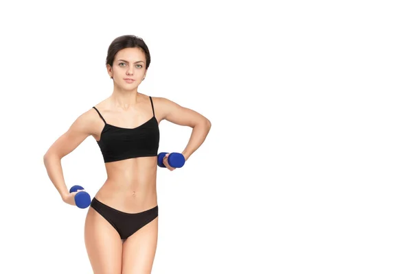 Fitness kadın mavi kaldırma halter — Stok fotoğraf