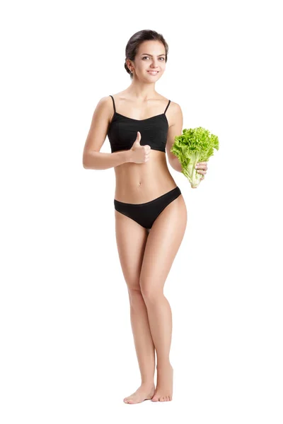 Mujer sana con hojas de ensalada — Foto de Stock