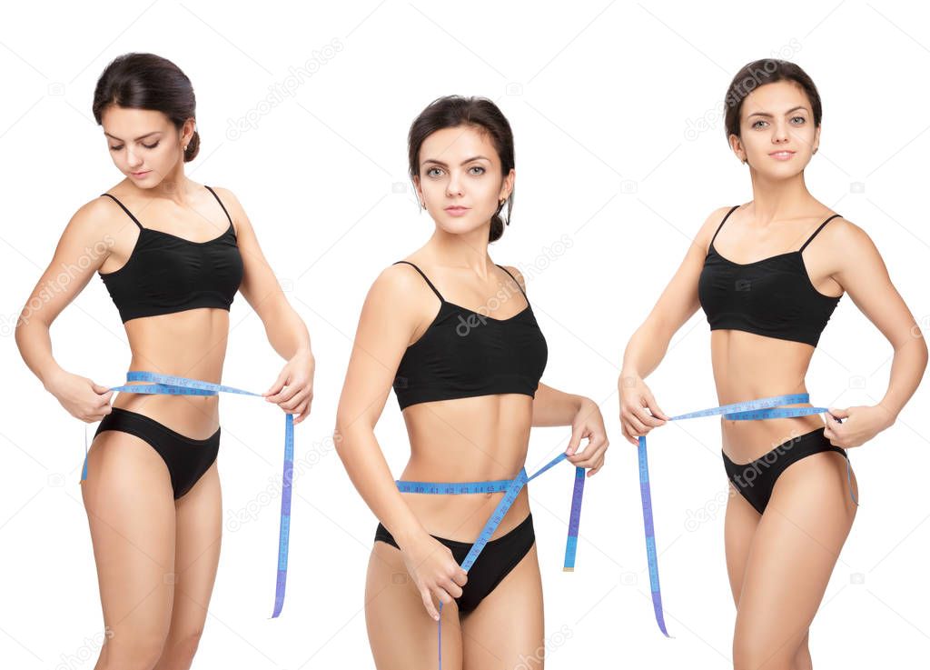 woman measuring her waist by blue measure tape