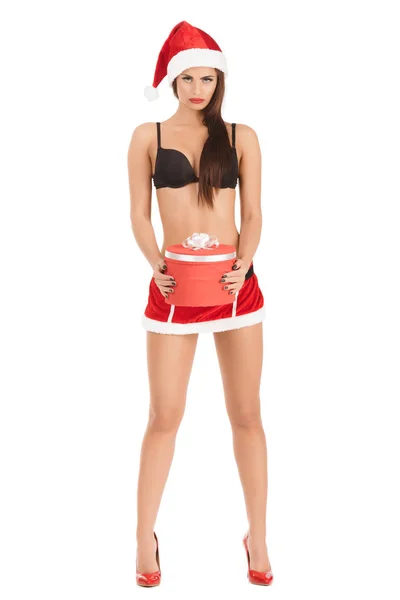 Kobieta ubrana santa claus ubrania z Christmas gift — Zdjęcie stockowe