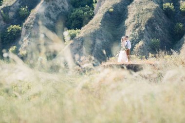 Gelin ve Damat Düğün doğada sarılma.