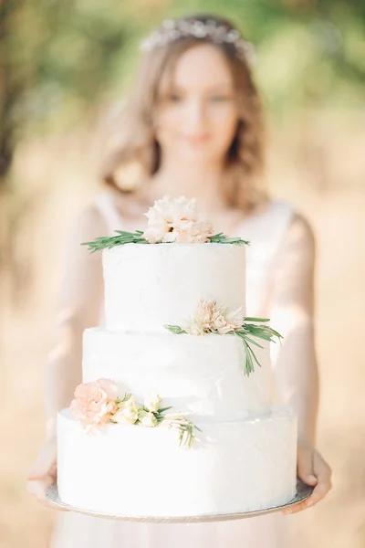 Bride holding a wedding cake — Stock Photo, Image