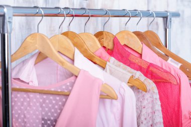 pembe kadın giyim moda rafa askı üzerinde depolamak. dolap