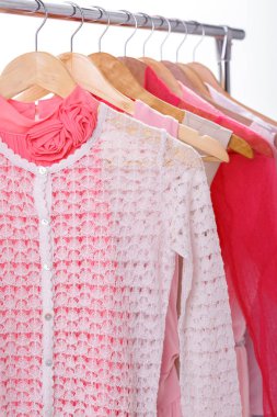 pembe bayan elbise askı raf beyaz arka plan üzerinde. Clos